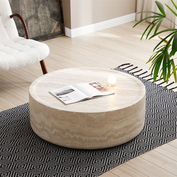 31.49in Coffee Table, Round Modern Industrial Drum Coffee Table, Fiberglass Modern Coffee Table, Wear-Resistant Coating Tea Table for Smaller Living Areas