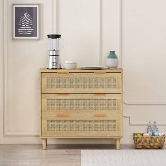 31.5" 3-Drawer Oak Rattan Piece / Ideal for Room Decoration and Storage