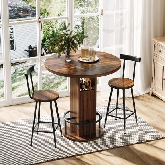 31.5" 3 Pieces Round Bar Table Set, Pub Table and Chairs for 2, Kitchen Bar Table with 2 Stools & Built-in Storage, Small Dining Table Set for Dining Room, Bistro & Small Space, Walnut