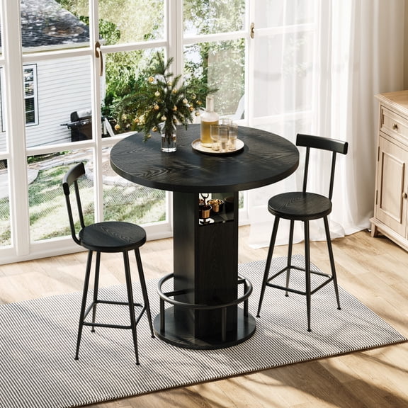 31.5" 3 Pieces Round Bar Table Set, Pub Table and Chairs for 2, Kitchen Bar Table with 2 Stools & Built-in Storage, Small Dining Table Set for Dining Room, Bistro & Small Space, Walnut