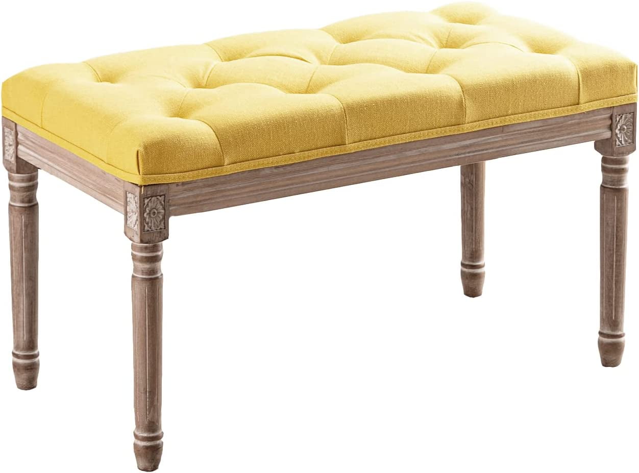 31.5" Rectangular Tufted Ottoman Bench Seat Birch Frame & Carved Rubber ...