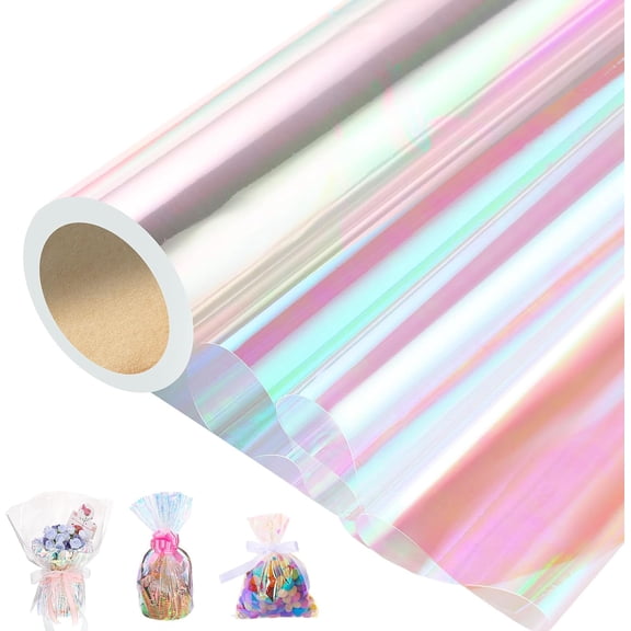 31.5" × 66 Ft Iridescent Cellophane Wrap Roll, Folds down to 16", Plastic Wrapping Film for Gift Baskets, Birthday, Party, Graduation, Mother’s Day Treat Packaging & DIY Crafts