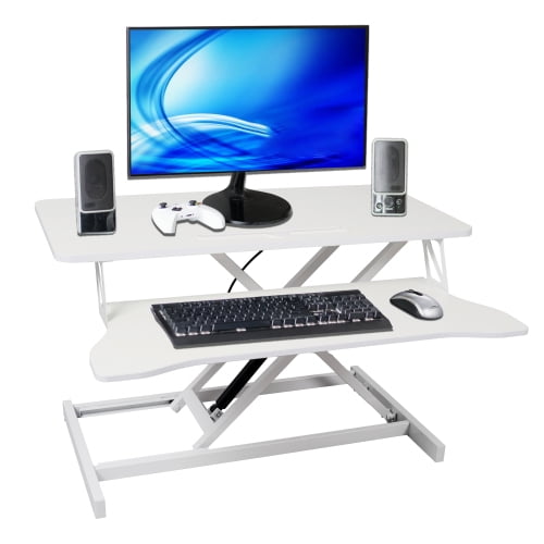 31.5" Adjustable Standing Desk Converter with Keyboard Tray, Gas Spring Sit to Stand Desktop Workstation, Height Adjustable Laptop Desk Riser for Home Office, White