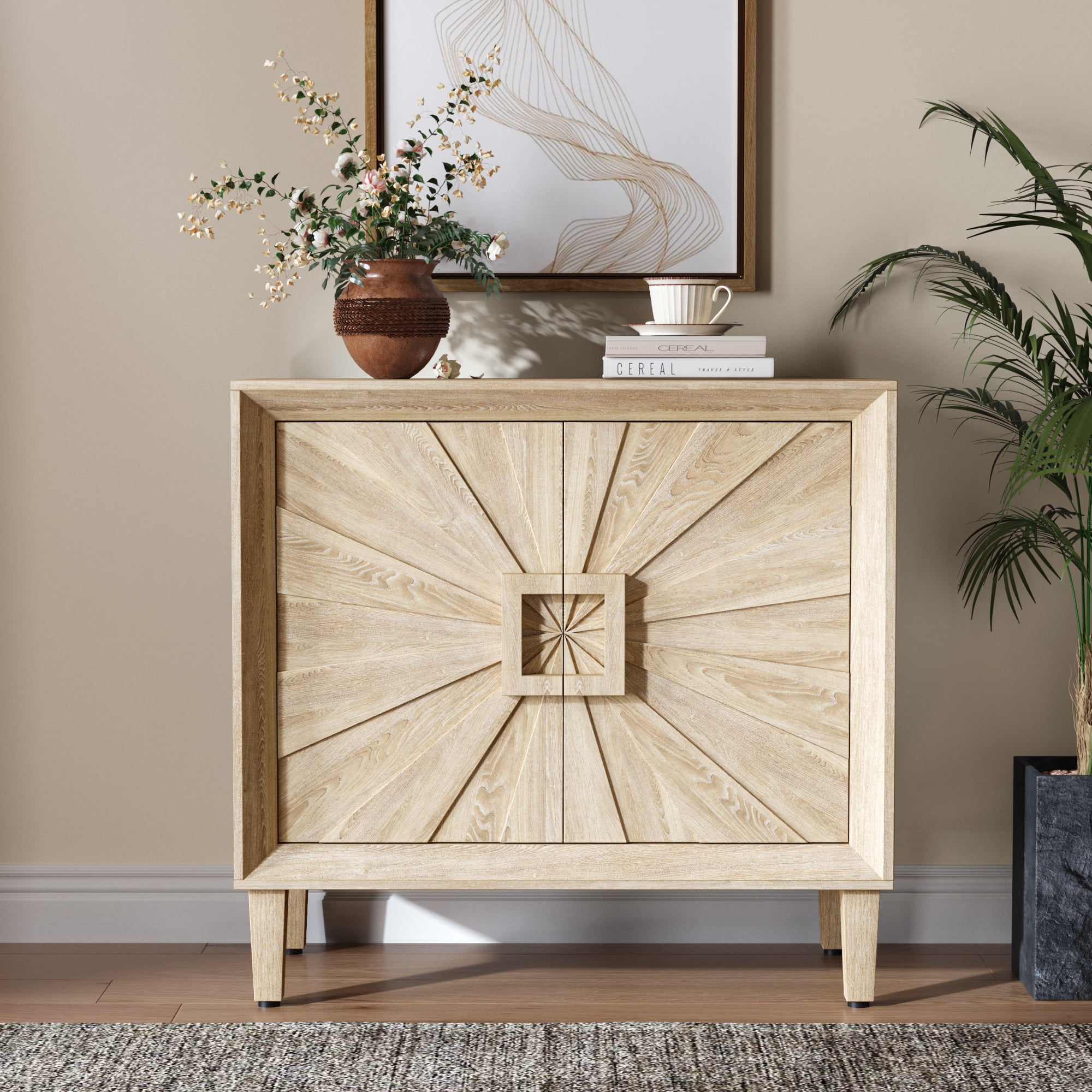 31.5" Antique Natural Mid-Century Modular Credenza Sideboard Buffet, Small Space Cabinet with Symmetrical Sunburst Doors, Accent Cabinet with Adjustable Shelves for Dining Room, Entryway & Hallway