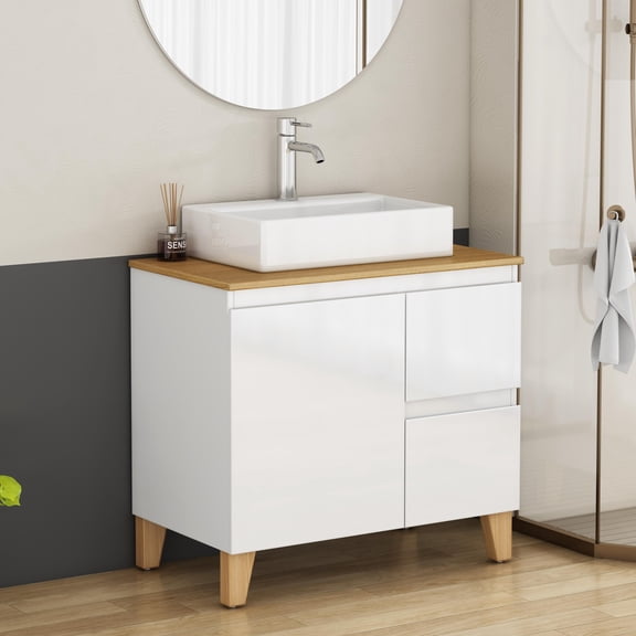 31.5" Bathroom Vanity with Ceramic Sink Combo, Modern Freestanding Bathroom Cabinet with 2 Drawers and 1 Soft Closing Door, Square-Shap Basin, Glossy White