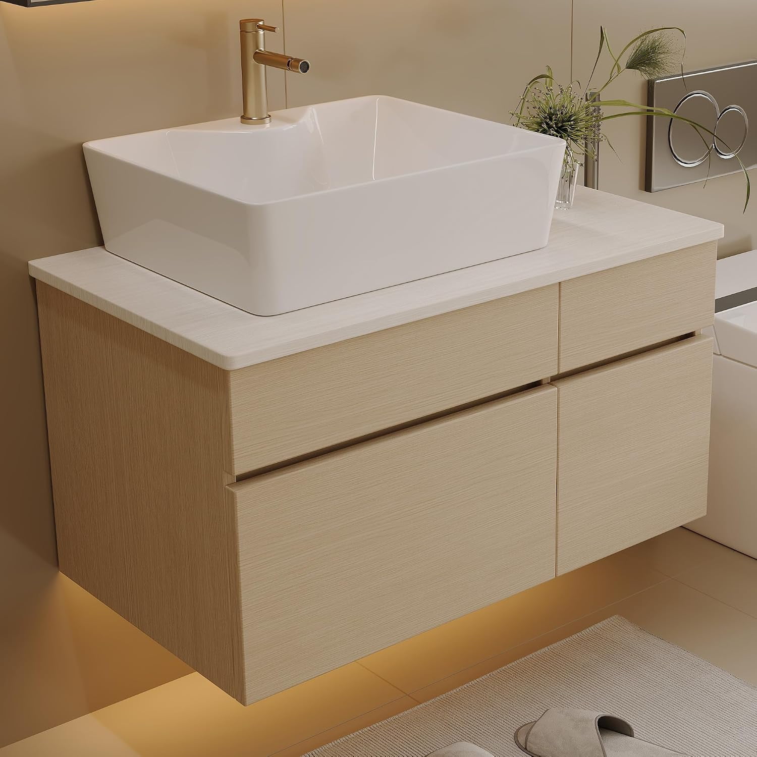 31.5" Bathroom Vanity with Counter Top Sink Combo, Wall Mounted Bathroom Cabinet with Ceramic Vessel Sink, 2 Soft Close Cabinet Doors & Drawer, Floating Modern Bath Vanity for Small Space,Wood+White