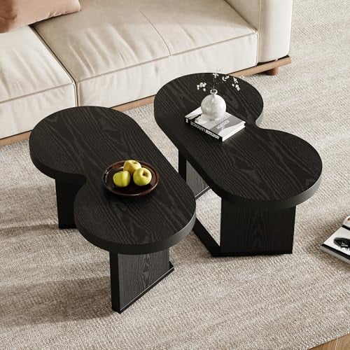 31.5" Black Coffee Table, 2-in-1 Unique Butterfly Coffee Table Splits into Two Small Side Tables, Wood Modern Accent Table with Metal Base, Low Tea Furniture for Small Homes, Apartments, Offices