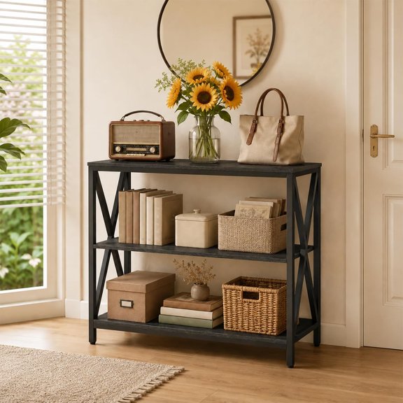 31.5" Black Industrial 3-Tier Narrow Sofa Table with Storage Shelves - Console Table for Entryway, Hallway, Kitchen, Living Room, Bedroom