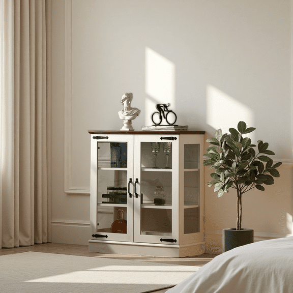 31.5'' Buffet Cabinet with Glass Doors for Nice Display, Small Coffee Bar Cabinet with 2 Adjustable Shelves, Modern Sideboard Buffet for Kitchen, Antique White