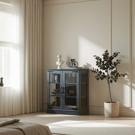 31.5'' Buffet Cabinet with Glass Doors for Nice Display, Small Coffee Bar Cabinet with 2 Adjustable Shelves, Modern Sideboard Buffet for Kitchen, Blue