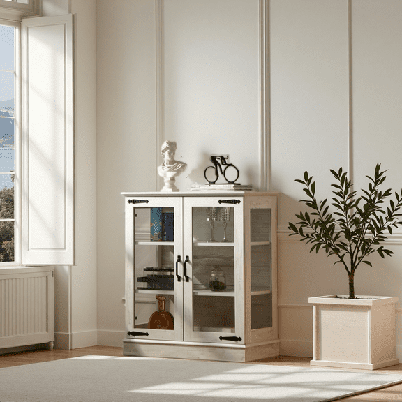 31.5'' Buffet Cabinet with Glass Doors for Nice Display, Small Coffee Bar Cabinet with 2 Adjustable Shelves, Modern Sideboard Buffet for Kitchen, Washed White