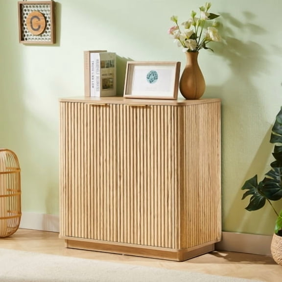 31.5 in Oak Accent Cabinet with Curved Wave Design, Particle Board+MDF Sideboard for Living Room