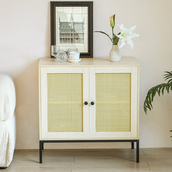 31.5"Buffet Sideboard with Handmade Natural Rattan Doors, Storage Cabinet Console Table Accent Cabinet, for Dining Room, Living Room, Kitchen
