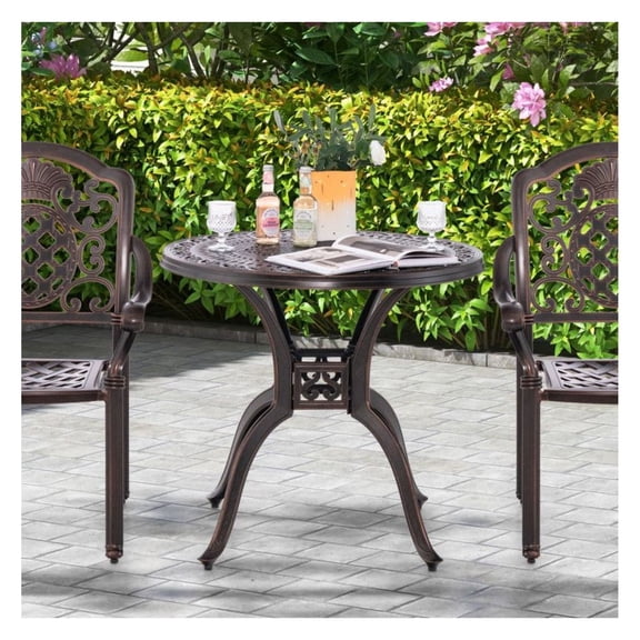 31.5" Cast Aluminum Patio Table - Round Dining Table with Umbrella Hole - Outdoor Bistro Table - Red Copper