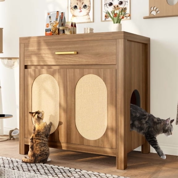 31.5" Cat Litter Box Enclosure with Drawer, Hidden Cat Washroom Furniture with Scratching Door, Multi-Functional Pet House for Most Cat Litter Box, Espresso