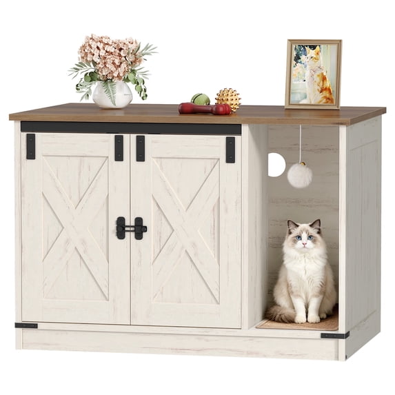 31.5" Cat Litter Box Enclosure, Hidden Cabinet Furniture with Bell for Indoor Cat, Farmhouse Style, Rustic Brown and White