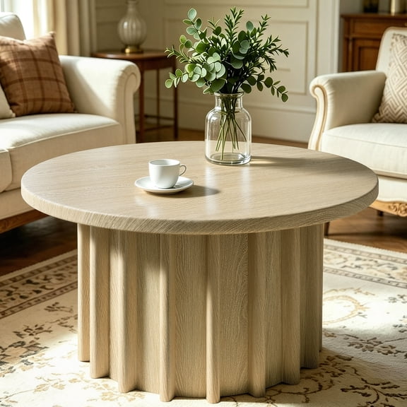 31.5" Circle Coffee Table for Living Room, Mid Century Modern Coffee Table Center Table with Fluted Base, Light Wood Living Room Furniture for Apartment, Small Space, Round (Light Wood)