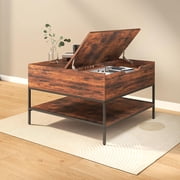 FLIXELIO Flip Top Coffee Table with Storage, Square Coffee Tables with Large Hidden Compartment, Farmhouse Rustic Center Table Dining Table with Opening & Shelf for Living Room, Assembly Required