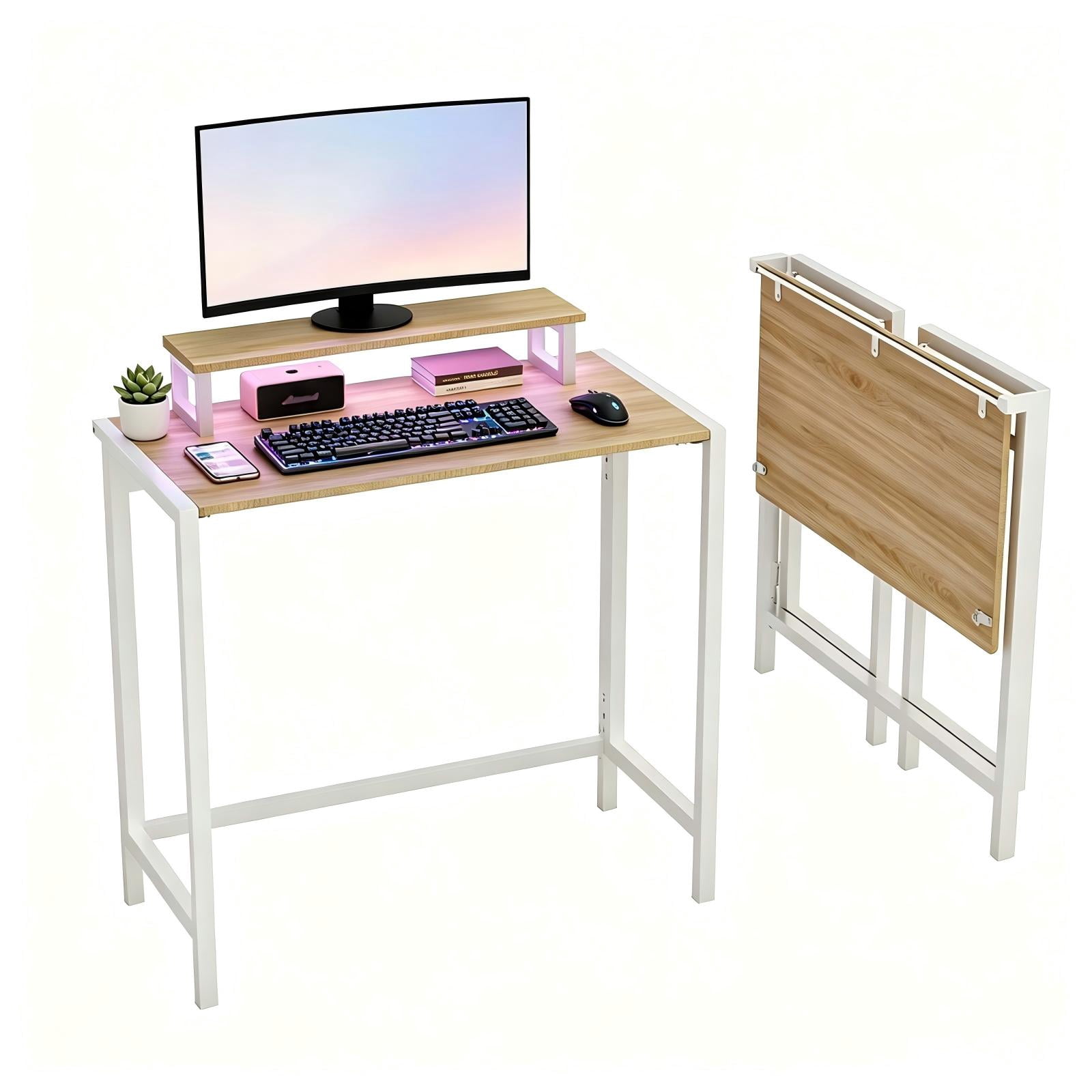 31.5" Computer Desk with Desktop Shelf and RGB Lighting, Foldable, Teak & White