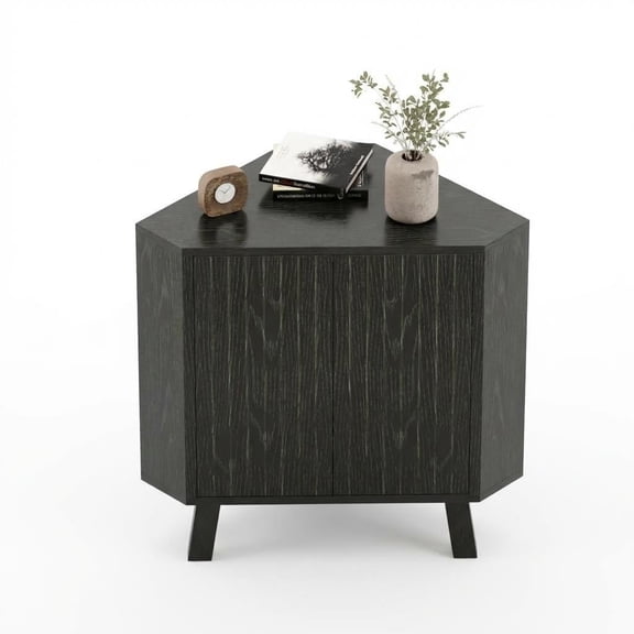 31.5" Corner Cabinet with Doors, 3-Tier Industrial Fluted Corner Shelf with Adjustable Shelf, Freestanding Triangle End Table for Living Room, Bedroom, Kitchen, Bathroom - Black