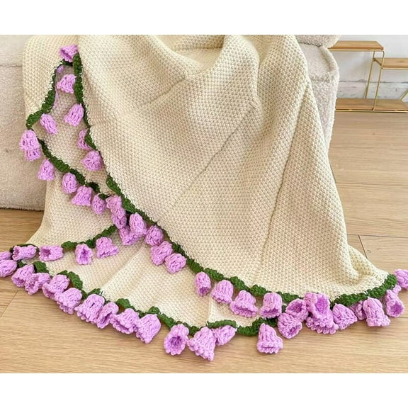 31.5" Crochet Flowers Bouquet Blanket, Soft and Lightweight Bellflower Flower Bouquet Knitted Throw Blankets, DIY Handmade Blanket for Mother'S Day Birthday Home Decor (Purple)