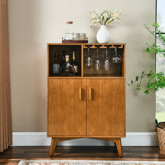 31.5" Dining Room Wine Cabinet, Rustic With Adjustable Shelf & Storage, Holds Bottles Glasses For Home Use Cabinet Hidden Storage Shelf, Entertainment