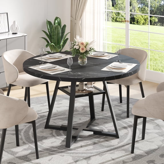 43.3in Round Dining Table for 4 Person, LEAGHOME High Gloss Kitchen Table with Metal Base Seats 4, Modern Dining Room Table with Storage Rack for Kitchen, Black (Only Table)
