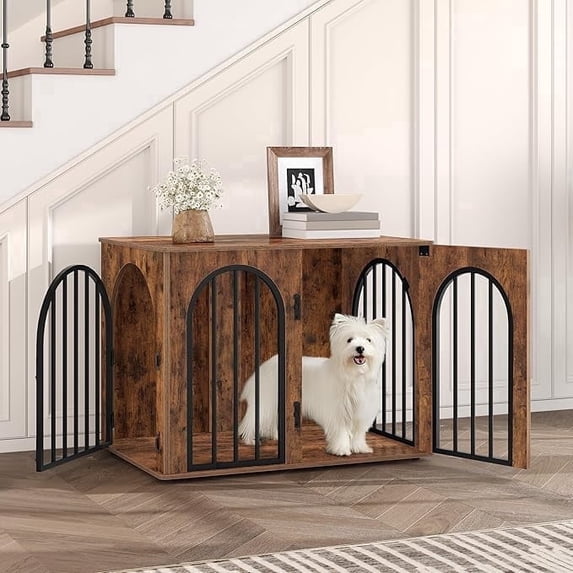Hzuaneri Wooden Dog Crate Furniture, 31.5" Indoor Dog Kennel with Cushion, Dog Cage for Small Medium Dogs, Decorative Pet House Side End Table, Chew-Resistant, Rustic Brown
