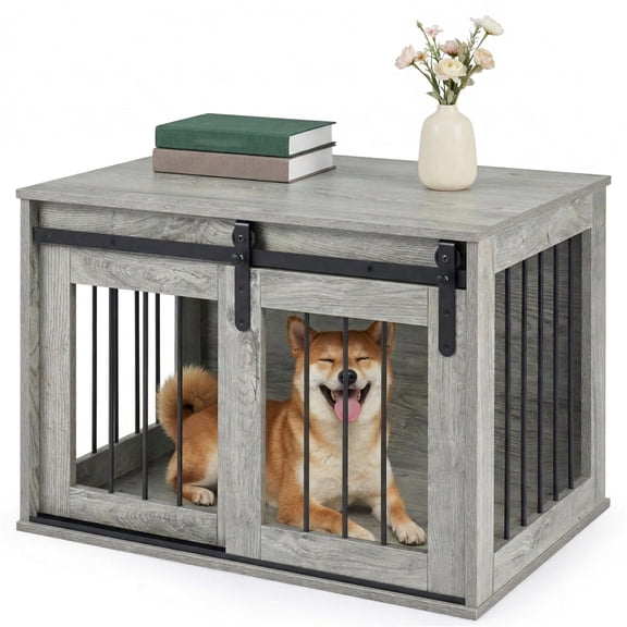 31.5" Dog Crate Furniture with Sliding Barn Door, Wooden Dog Kennel End Table for Small Medium Dogs, Decorative Pet Crate Side Table with Metal Bars & Spacious Tabletop, Gray (Gray)