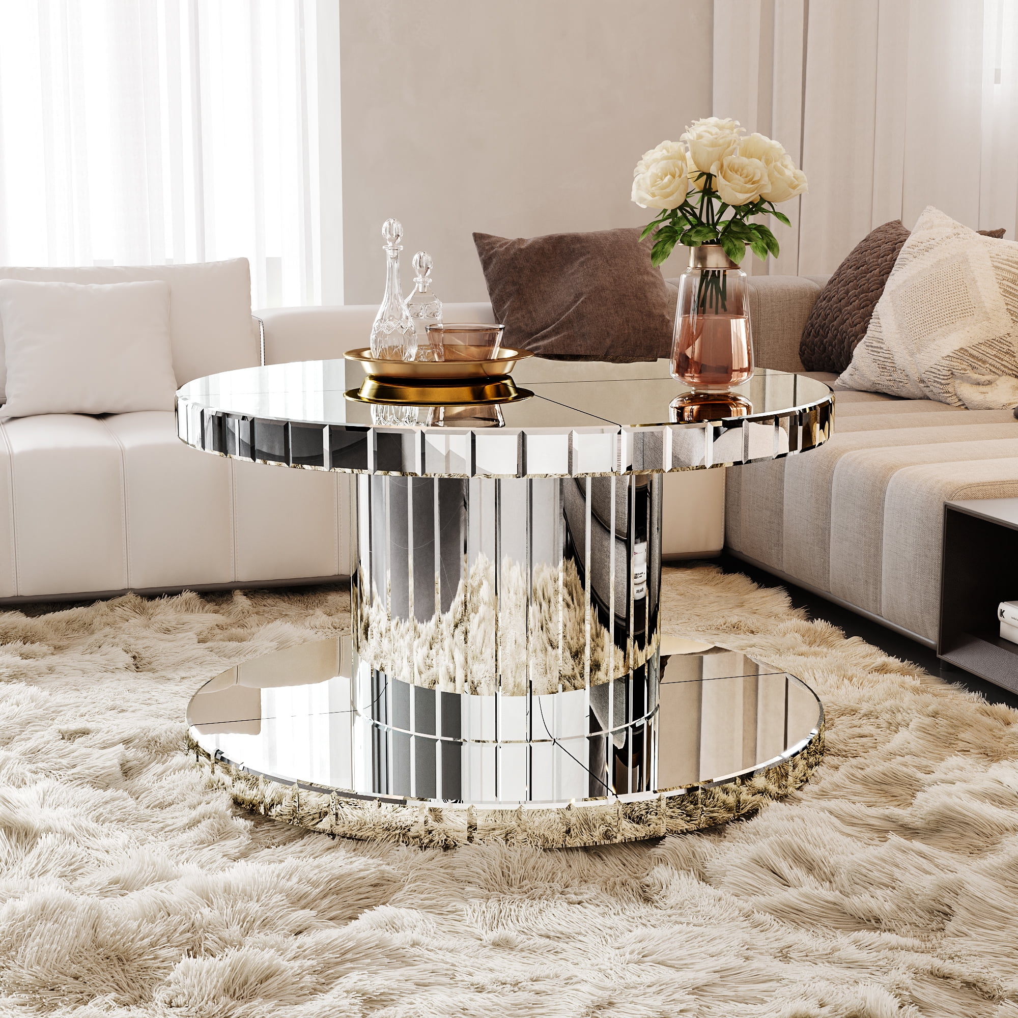 31.5" Double-Tier Round Mirror Coffee Table with Fluted Glass Base ...