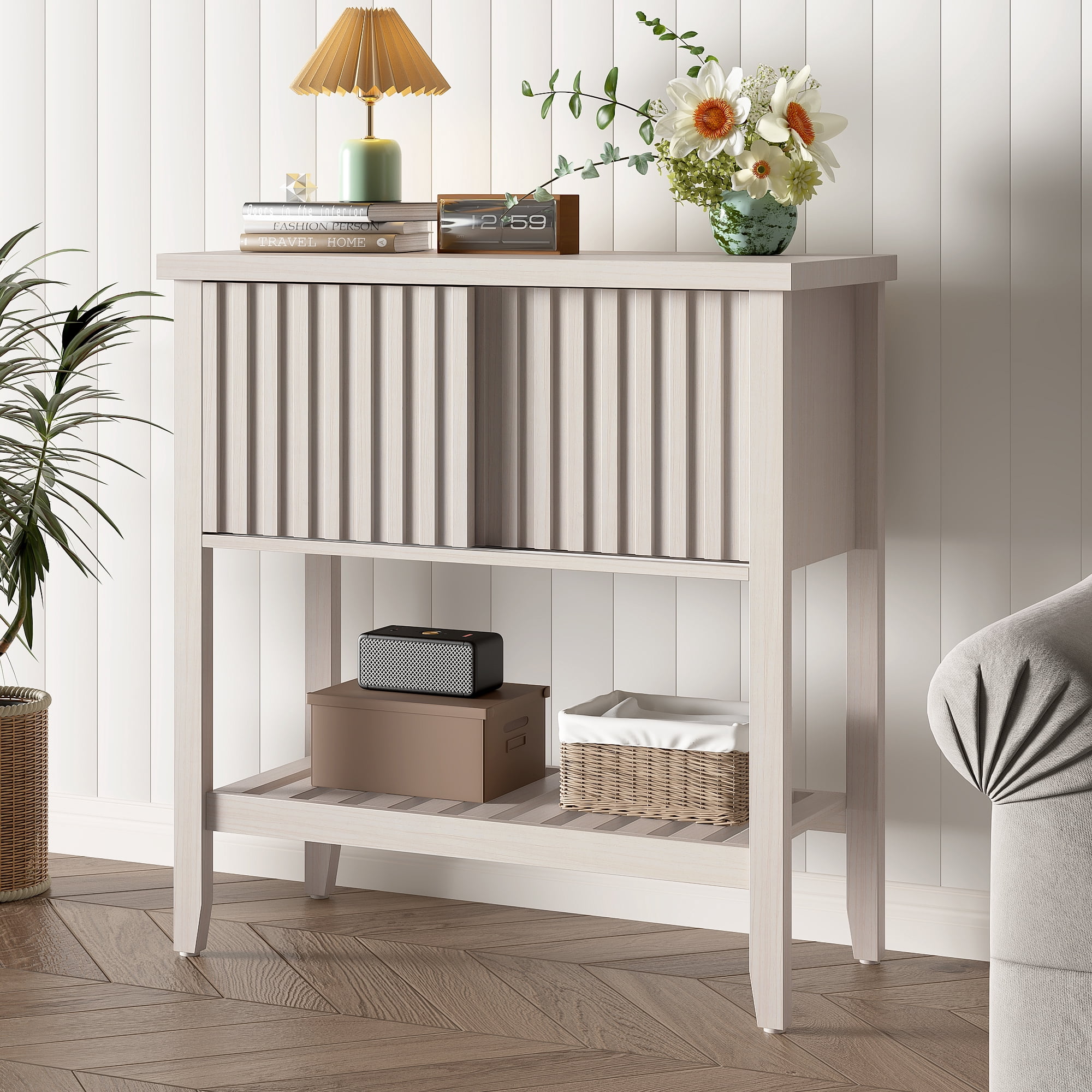 31.5" Entryway Console Table with Sliding Drawer Doors and Storage Shelf for Hallway, Living Room, or Office,Beige