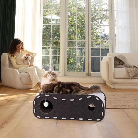 "31.5'' Extra-Large Grey Cat Cave Bed | Scratch-Resistant Felt + Hanging Fluffy Ball | Cozy Multi-Pet Hideaway & Feline Tunnel"