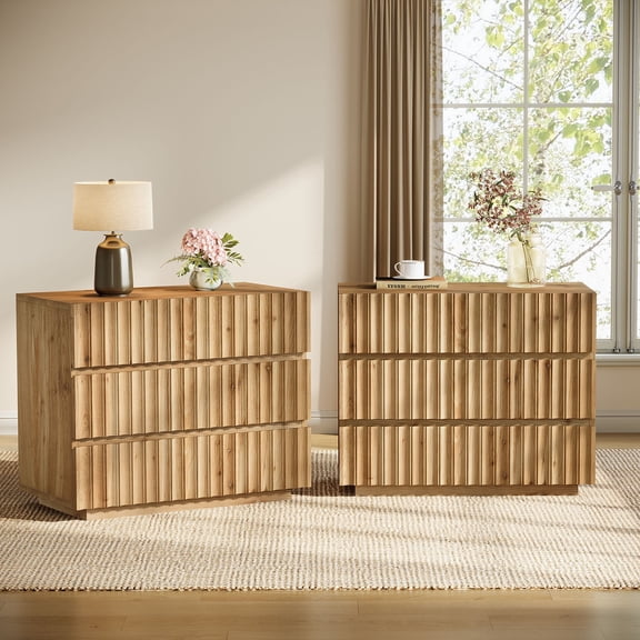 31.5" Extra Large Solid Wood Nightstands, Set of 2 Fluted Bedside Tables with 3 Drawers, Wide Bedroom Side Tables