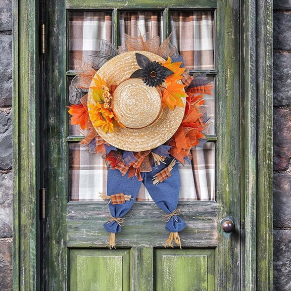 31.5" Fall Straw Hat Wreath for Front Door with Sunflower Maple Leaf Artificial Mesh Wreath with Jeans Legs Hanging Down Abstract Scarecrow Autumn Wreath for Thanksgiving Day Harvest Festival Decor