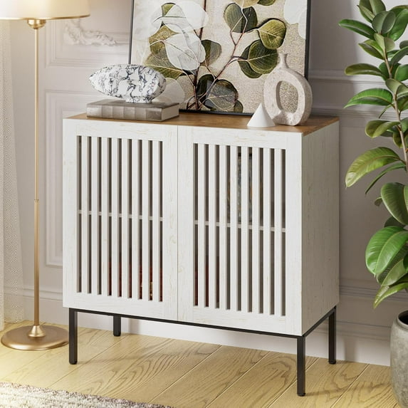 31.5" Farmhouse Buffet Cabinet with Metal Base, Adjustable Shelf & 2 Doors, Antique White Storage Sideboard for Kitchen, Dining & Living Room