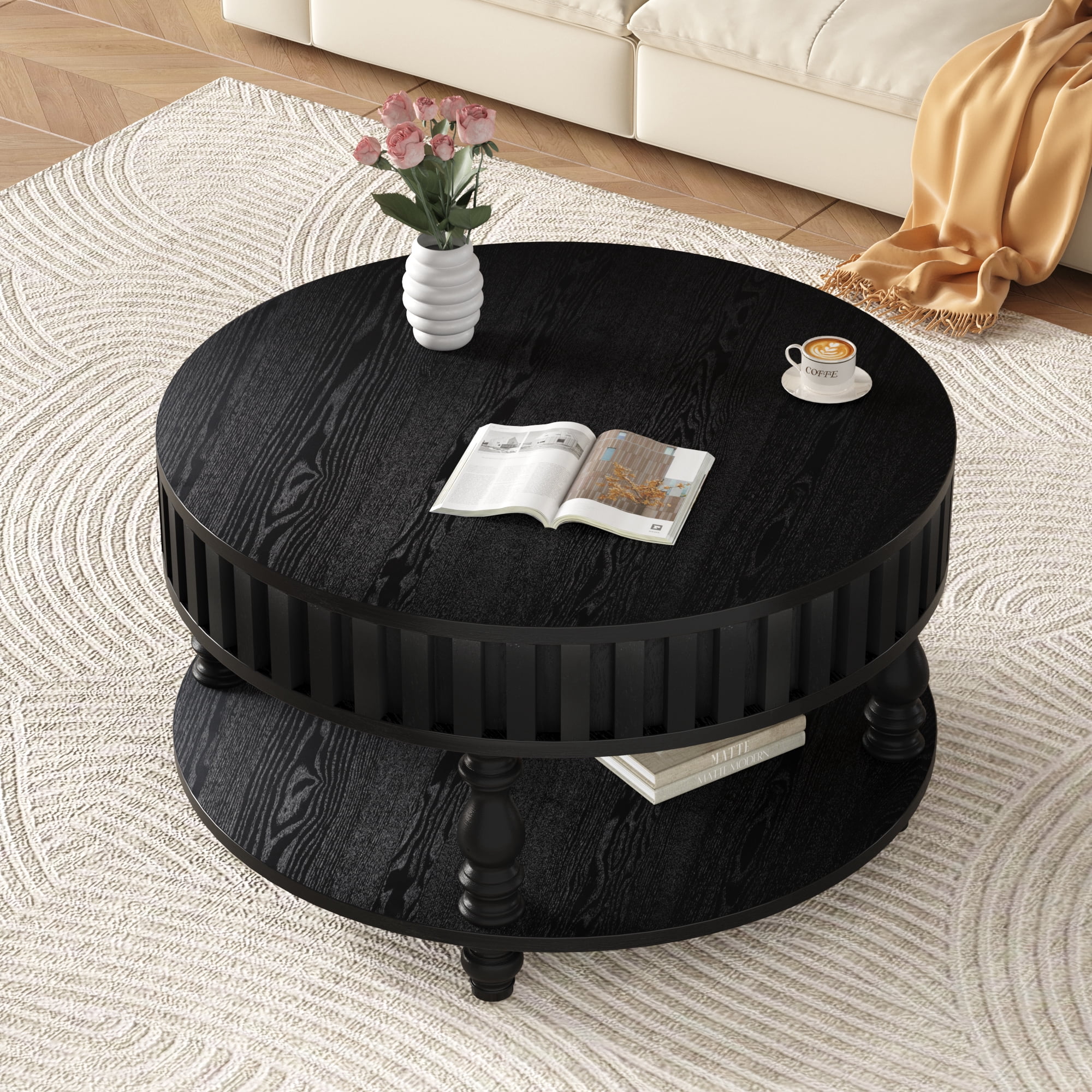 31.5" Farmhouse Coffee Table with Hidden Storage, Round Fluted Coffee Table with Flip-Top Lid & Open Shelf, Rustic Center Table with Solid Wood Legs for Living Room,Black