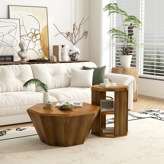 31.5" Farmhouse Coffee Table Octagonal Wooden Coffee Table Modern Rubber Wood Side Table Accent Center Table for Living Room