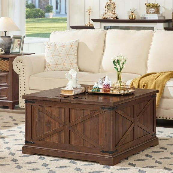 31.5" Farmhouse Coffee Table with Large Hidden Storage, Square Wood Living Room Tables, Multi-Function Lift Wooden Barn Door Center Table, Brown