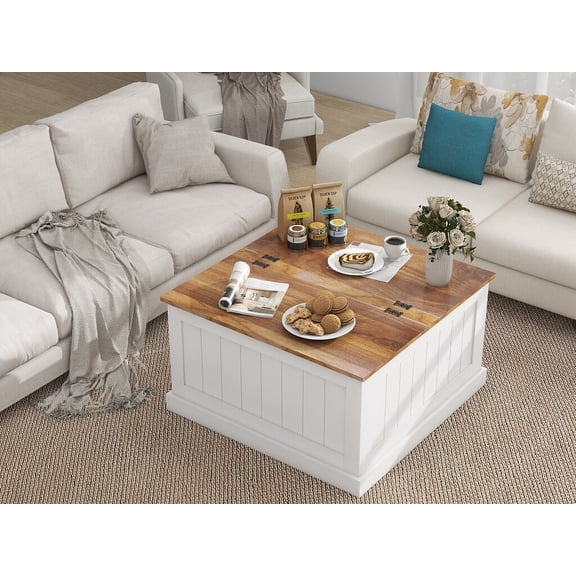 31.5 Farmhouse Coffee Table with Lift Top, Square Wood Center Table for Living Room, Large Hidden Storage, White MDF