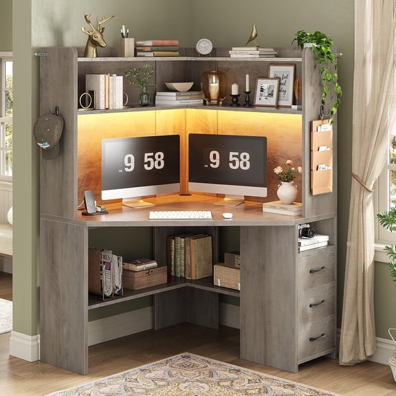 31.5" Farmhouse Corner Office Desk with 3 Drawers and Storage Shelves, Triangular Corner Computer Desk with LED Lights for Small Space, Home Office Desk