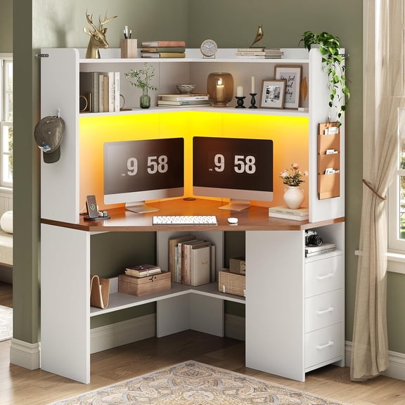31.5" Farmhouse Corner Office Desk with 3 Drawers and Storage Shelves, Triangular Corner Computer Desk with LED Lights for Small Space, Home Office Desk