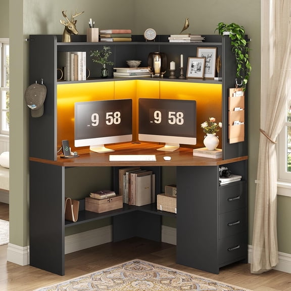31.5" Farmhouse Corner Office Desk with 3 Drawers and Storage Shelves, Triangular Corner Computer Desk with LED Lights for Small Space, Home Office Desk