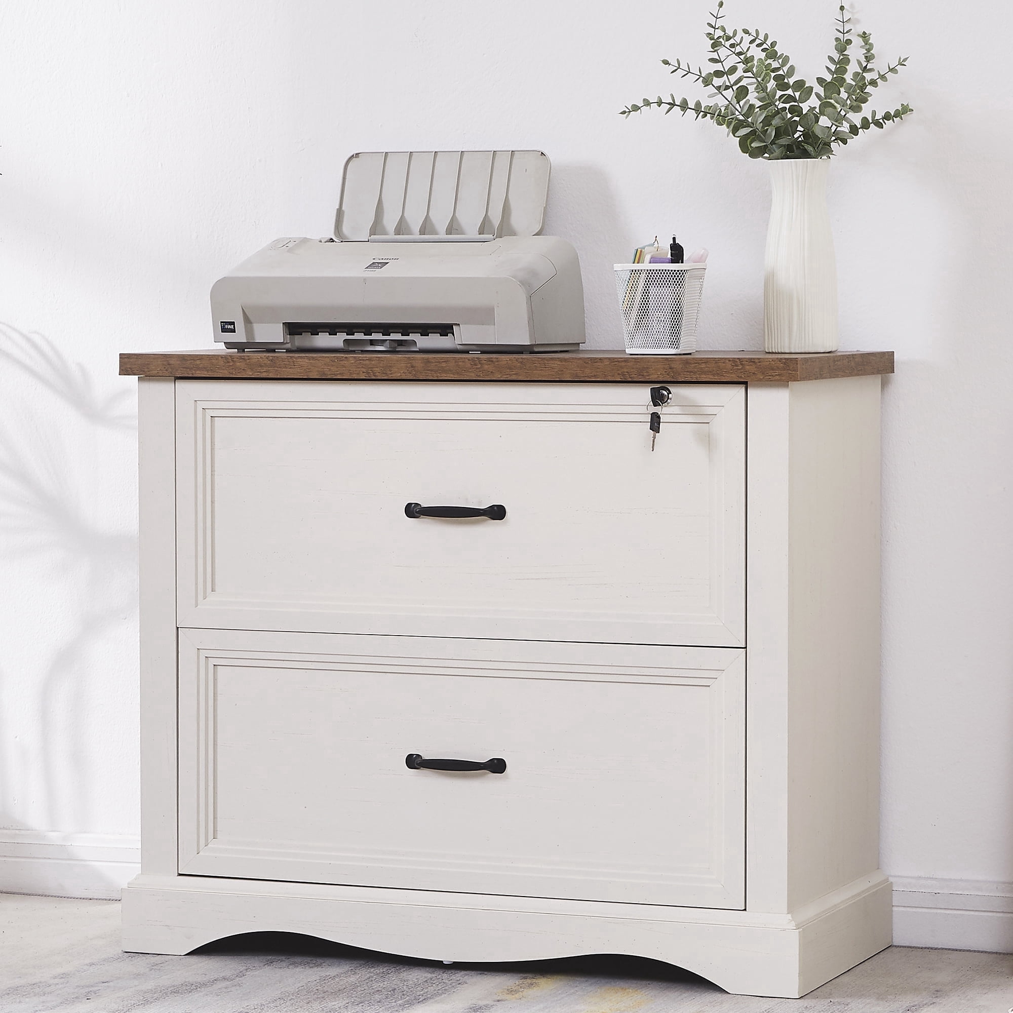 Haooyeah 31.5" Farmhouse Filing Cabinet with Locking Drawer, 2 Drawer File Organizer with Adjustable Rails for A4/Letter/Legal, Large Office Storage, Antique White