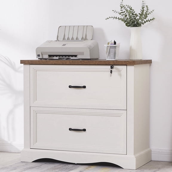 Haooyeah 31.5" Farmhouse Filing Cabinet with Locking Drawer, 2 Drawer File Organizer with Adjustable Rails for A4/Letter/Legal, Large Office Storage, Antique White