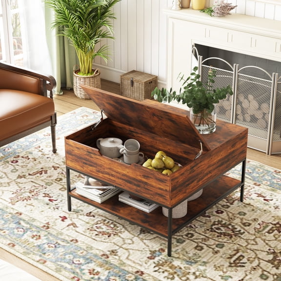 31.5" Farmhouse Flip Top Coffee Table – Rustic Wood Grain with Hidden Storage, Sturdy Metal