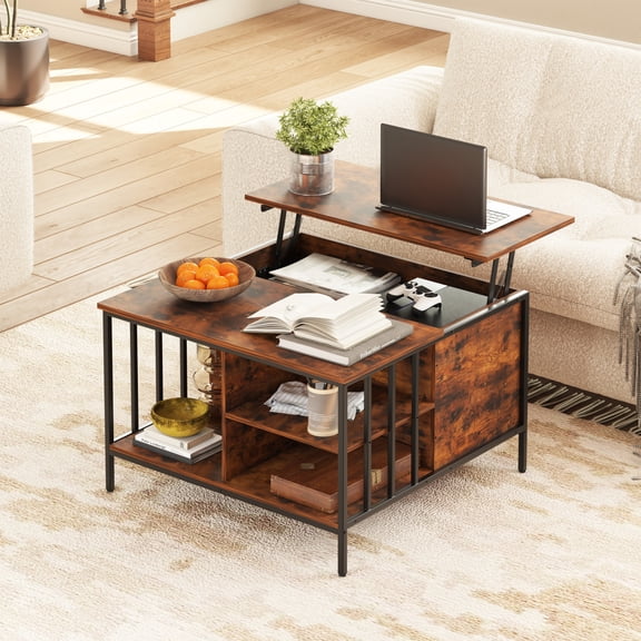 31.5" Farmhouse Lift Top Coffee Table – Adjustable Height Storage with 3 Shelves