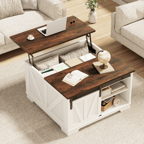 31.5" Farmhouse Lift-Top Coffee Table with Hidden Storage, Sliding Door & Adjustable Shelf for Living Room, Small Spaces