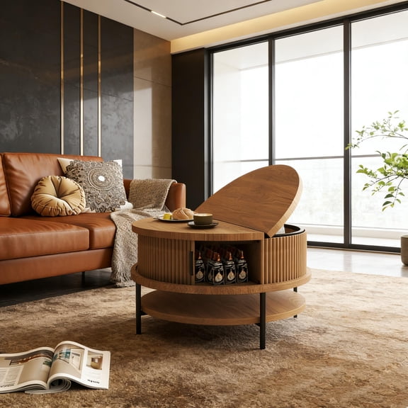 31.5" Farmhouse Round Coffee Table with Flip-Top Storage, Sliding Doors and Hidden Compartment, Sturdy Metal Frame for Living Room Organization