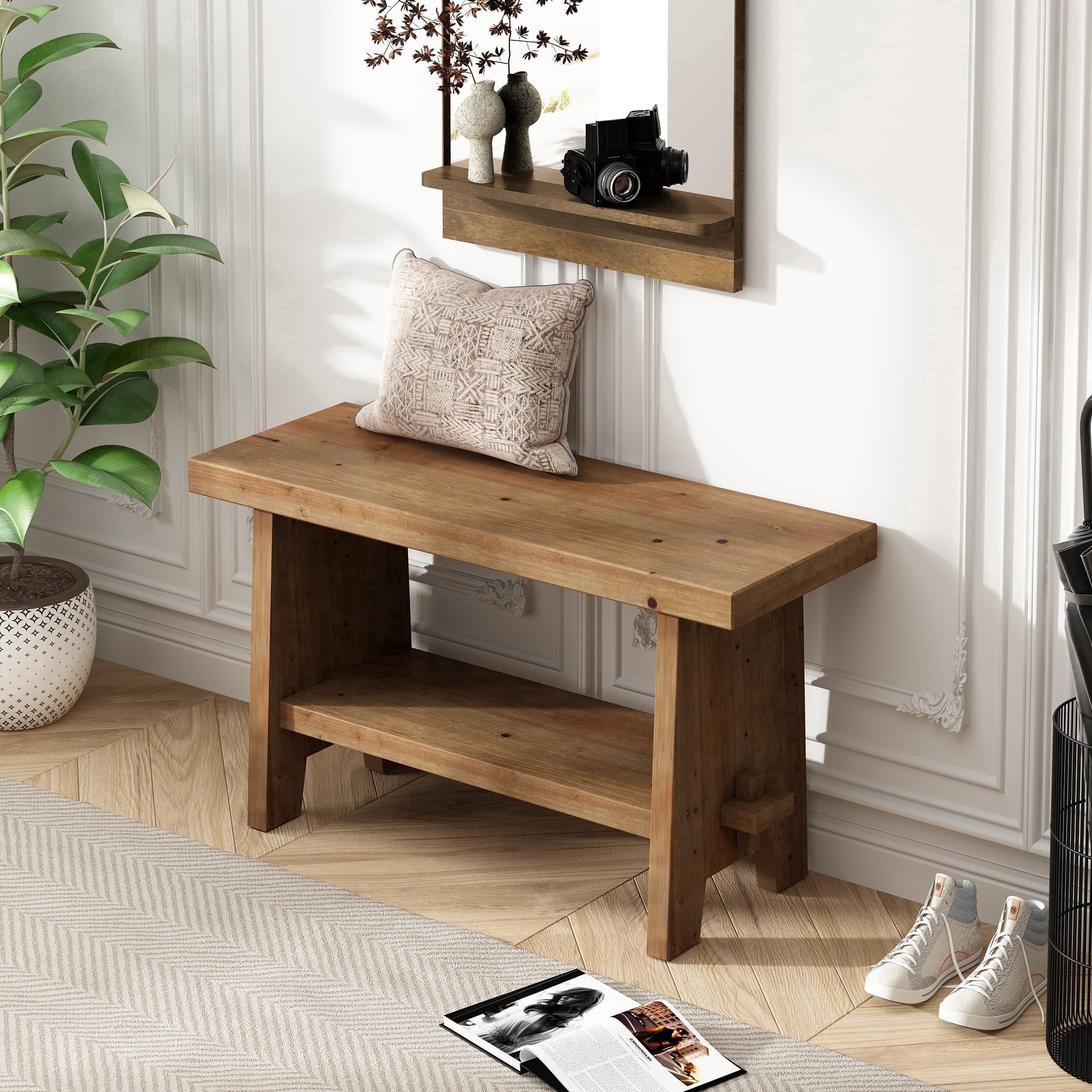 31.5'' Farmhouse Solid Wood Entryway Bench, Small Shoe Bench with Shelf ...