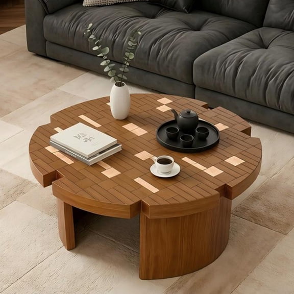 31.5" Flower Petal Coffee Table, Handmade Mosaic Inlaid Wooden Round Center Table - Walnut